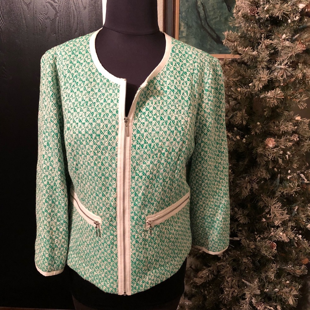 CAbi Green and White Tweed Zip-Front Jacket